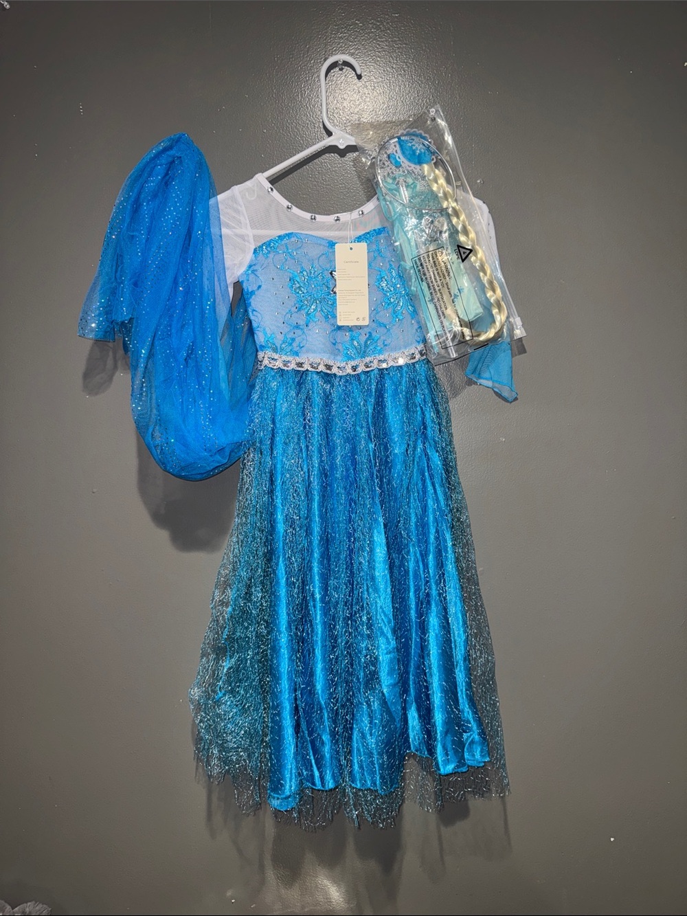Elsa inspired Blue Sparkle Princess Costume Dress with Blonde Braid Wig
